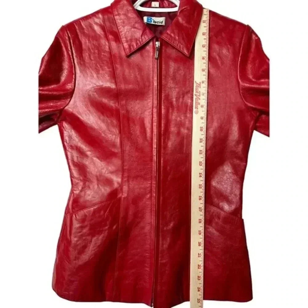Y2K Genuine Leather Zip Jacket B*Lucid Cherry Red Fitted Moto Size Small - Picture 10 of 16